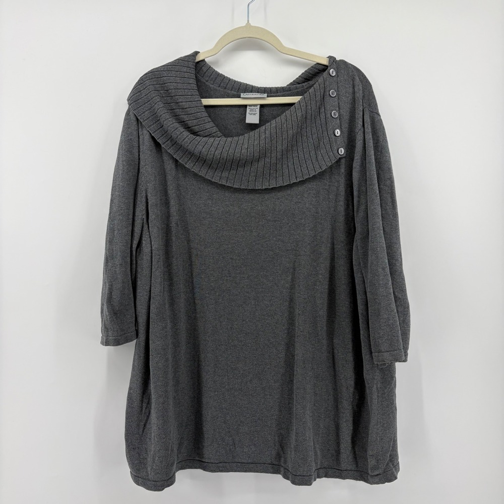 Catherines Womens 3X Grey Sweater Cowl Neck Button Detail 3/4 Sleeve Cotton
